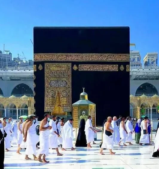 A stunning high-resolution view of the Holy Kaaba surrounded by pilgrims performing Tawaf in Makkah.