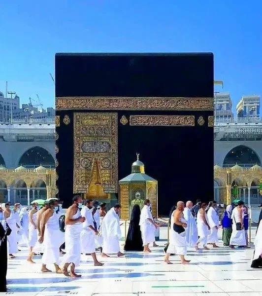 A stunning high-resolution view of the Holy Kaaba surrounded by pilgrims performing Tawaf in Makkah.