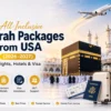 All-inclusive Umrah packages from USA showing Makkah clock tower hotels near Masjid al-Haram